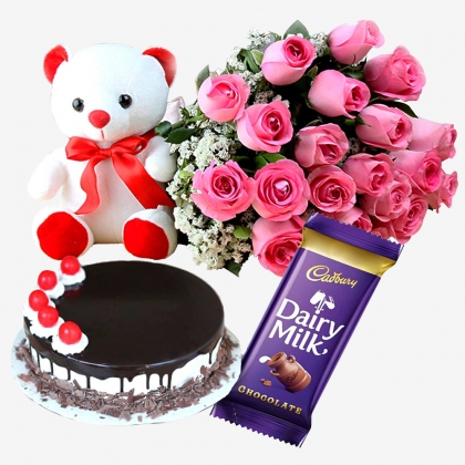 Pink Roses Bunch + Cake & Teddy With Chocolate